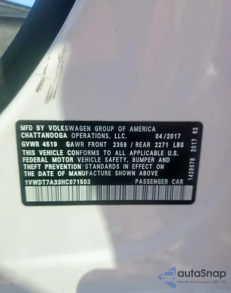 2017 Volkswagen Passat R-Line from USA, damaged, VIN 1VWDT7A33HC071503